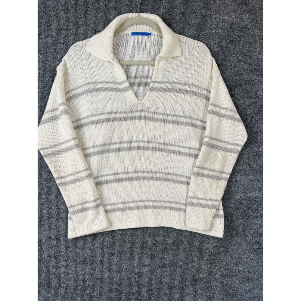 J.McLaughlin Womens Sweater Sz M Linen Cotton Striped V-Neck Cream Grey Beach